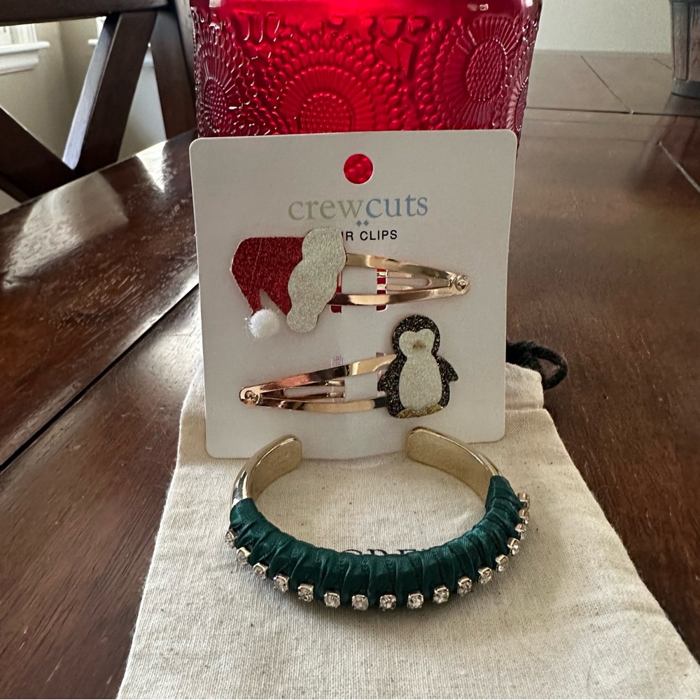 J. Crew Christmas Set: Ribbon Cuff Bracelet and Santa Penguin Hair Clips NEW